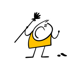 Angry janitor waves a broom and menacingly yells at the hooligans. Vector illustration of stickman the janitor saw garbage and dirty spot on the floor. - obrazy, fototapety, plakaty