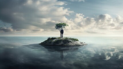 Standing alone concept with sad businessman standing alone on tiny island in the middle of the ocean - obrazy, fototapety, plakaty