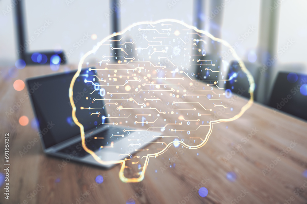 Aufkleber creative artificial intelligence concept with human brain sketch on modern computer background. doub