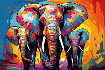  a painting of three elephants standing in front of a blue background with red, yellow, orange, and pink colors.