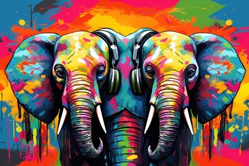  a painting of an elephant with headphones on it's ears and a splash of paint on it's face. - obrazy, fototapety, plakaty