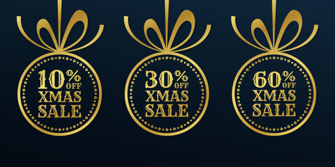 Xmas sale design with golden Christmas ball. 10, 30, 60 percent price off tag, icon or label. Winter holiday banner, background, promotion poster, promo card or flyer template. Vector illustration.