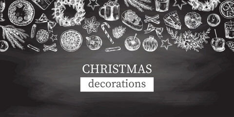 Hand-drawn Christmas template in sketch style. Wreath, gift, sweets, food, Christmas tree decor, drinks and spices on chalkboard background. Vintage design with an empty space.