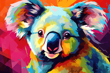  a close up of a koala face on a multicolored background with an orange sky in the background.