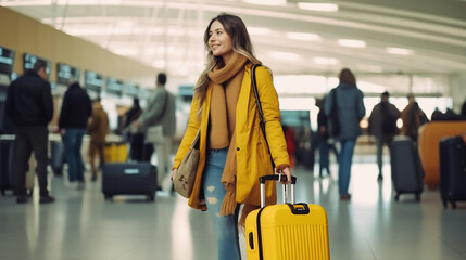 Young woman traveler abroad hold rolling bag suitcase wear yellow overcoat walking in airport - obrazy, fototapety, plakaty