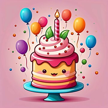 Cute birthday cake party cartoon vector icon illustration food holiday icon concept, Generated AI