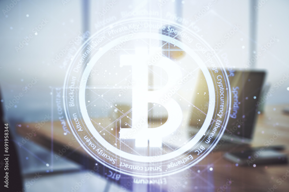 Poster double exposure of creative bitcoin symbol hologram with computer on background. mining and blockcha