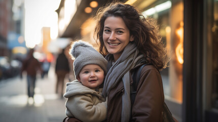Happy smiling mother with baby girl in carrier walking through city - obrazy, fototapety, plakaty