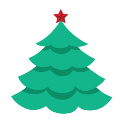 Vector Christmas tree in red and green colors isolated on white background. Christmas pine tree with star above. Isolated Vector Design Element.