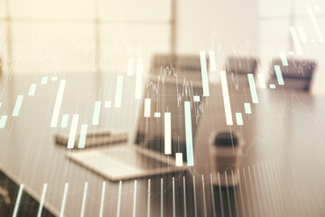 Double exposure of abstract creative financial diagram on modern laptop background, banking and accounting concept