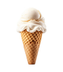 Vanilla Ice cream in a waffle cone isolated on white transparent background. Summer dessert.