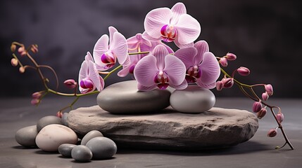 Magnificent orchid flowers on decorative stones. Minimalist gray background