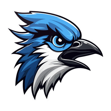 recommend clip art: Blue jay Portrait Sticker, Blue jay Bird head mascot logo illustration, Blue jay character, generative ai