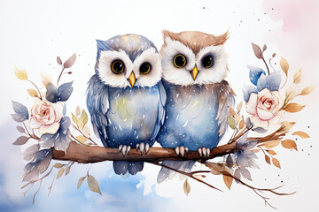 Fototapeta premium Two cute owls on the branch with flowers.