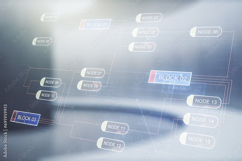 Poster abstract virtual coding concept on empty corporate office background. multiexposure