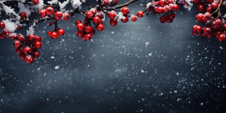  a branch of a tree with red berries covered in snow on a dark background with snow falling on the branches.