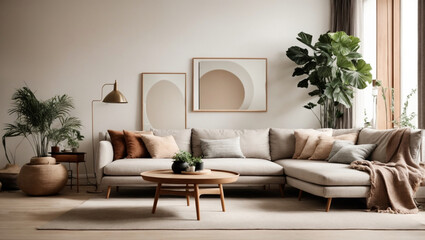 Living room interior in cozy Scandinavian and modern style decoration with sofa, wooden table and plant with empty wall copy space for mock up. generative AI