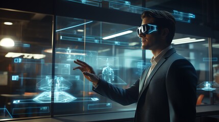 a businessman interacting with advanced augmented reality (AR) business interface utilizing holographic projections - obrazy, fototapety, plakaty