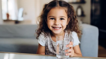 Fotobehang Portrait of cheerful pretty little girl sitting on couch at home holding glass of water. Hydration, children healthy lifestyle © AspctStyle