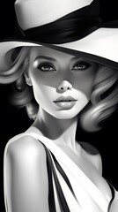 Girl in a hat black and white portrait