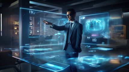 a businessman interacting with advanced augmented reality (AR) business interface utilizing holographic projections