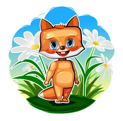 Cute little fox. Sticker. Summer landscape. Animal isolated on white background. Fun cartoon style. Vector