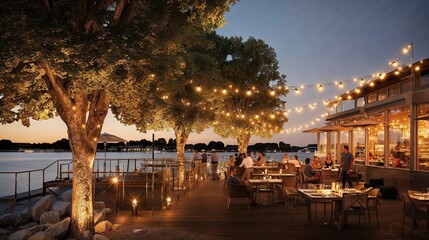 guinguette restaurant au bord de l'eau avec terrasse ombragée et guirlandes lumineuses - obrazy, fototapety, plakaty
