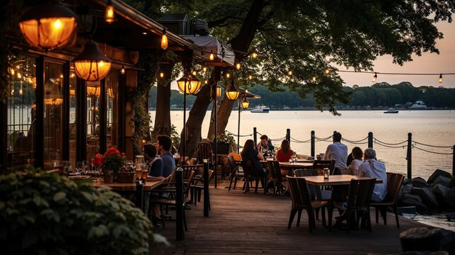 guinguette restaurant au bord de l'eau avec terrasse ombragée et guirlandes lumineuses