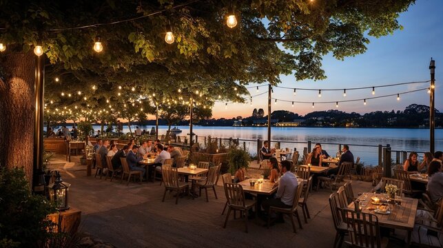 guinguette restaurant au bord de l'eau avec terrasse ombragée et guirlandes lumineuses
