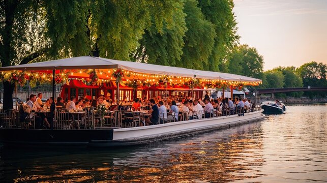péniche restaurant au bord de l'eau avec terrasse ombragée et guirlandes lumineuses