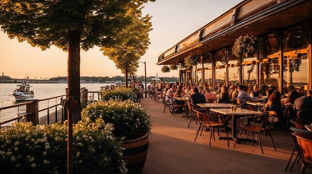 guinguette restaurant au bord de l'eau avec terrasse ombragée et guirlandes lumineuses