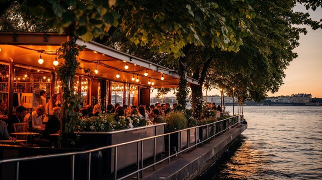 guinguette restaurant au bord de l'eau avec terrasse ombragée et guirlandes lumineuses