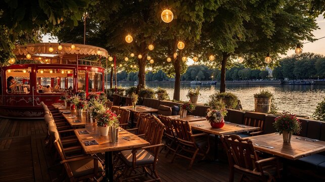 guinguette restaurant au bord de l'eau avec terrasse ombragée et guirlandes lumineuses