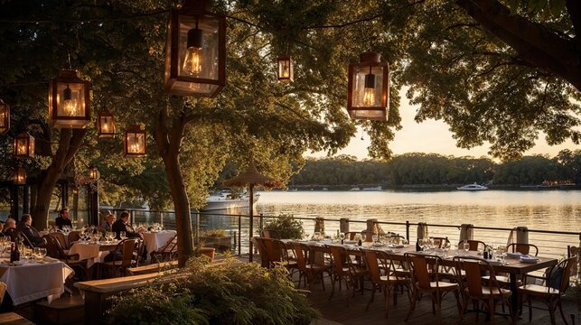 guinguette restaurant au bord de l'eau avec terrasse ombragée et guirlandes lumineuses