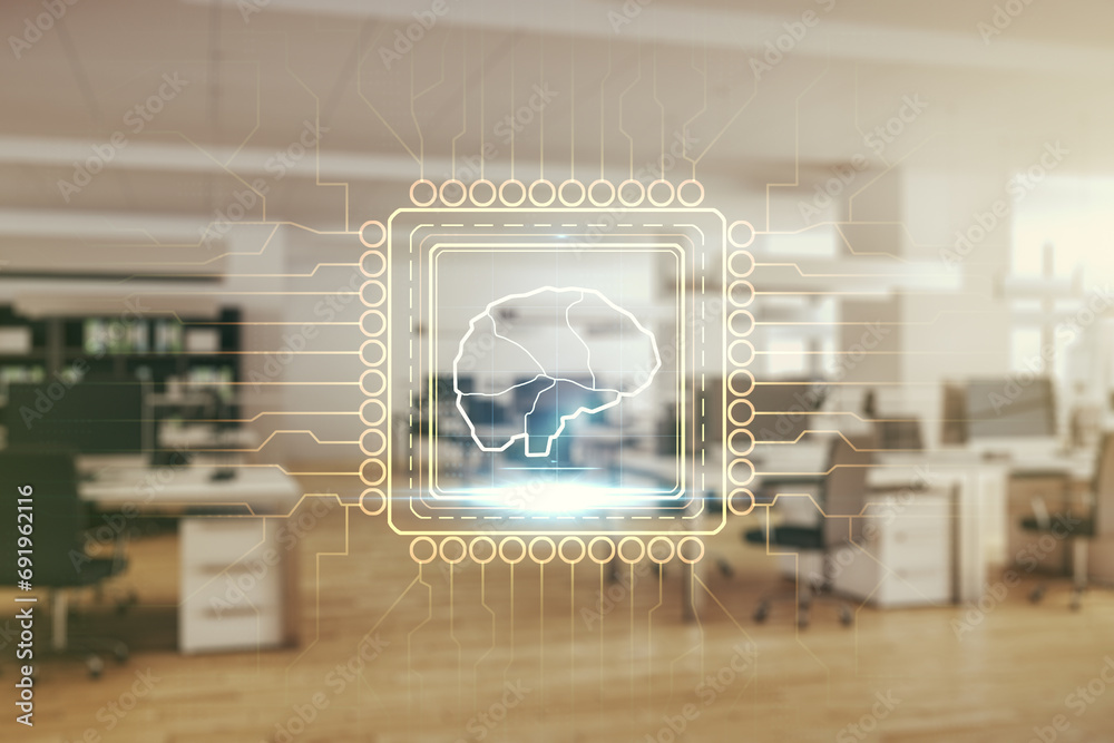 Aufkleber double exposure of creative artificial intelligence interface on modern corporate office background.