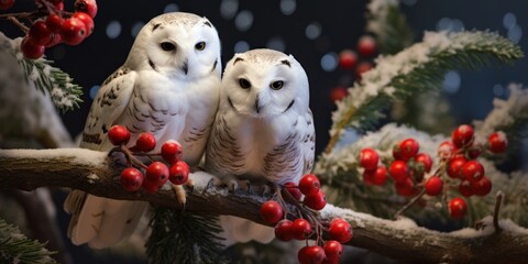 couple snowy Christmas owls on a snowy branch with red berries, banner