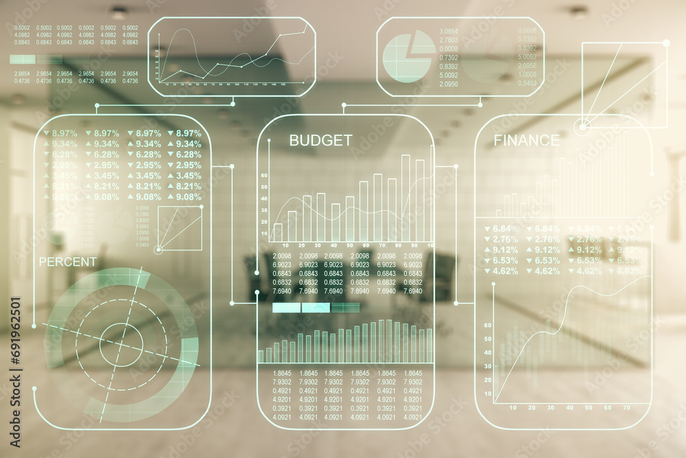 Poster Double exposure of abstract creative statistics data hologram on a modern furnished office interior background, analytics and forecasting concept