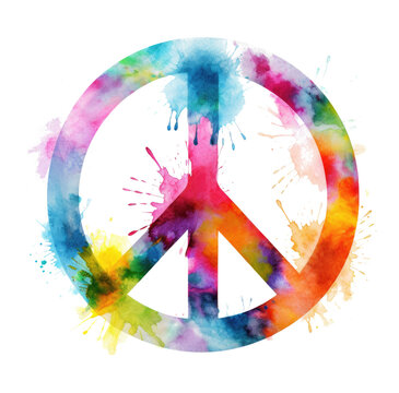 a colorful peace sign painted with watercolor paint isolated