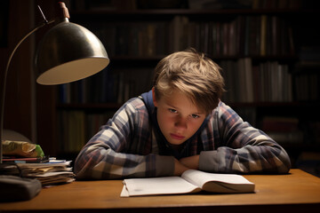 Tired teenage boy student holding his head while sitting in library, student feels tired due to long preparations for college exam, deadline task