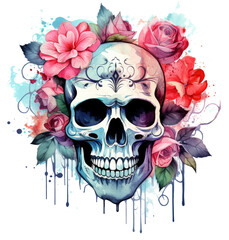 a watercolor skull and flowers, with a red rose on it - obrazy, fototapety, plakaty