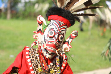 the portrait of hudoq dancers marching in order to perform sacred rituals performed by indigenous tribes    