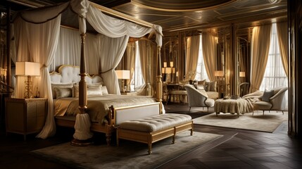 A luxurious bedroom with a king-size canopy bed, silk drapes, and golden accents