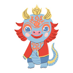 Chinese New Year of Dragon, cute little baby dragon in national Chinese costume. Vector illustration.
