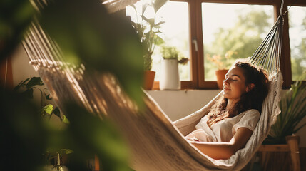 Relaxed young woman resting in comfortable hammock at home