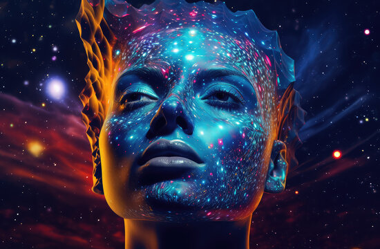 the human head with its energy in front of the galaxy and stars