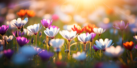 Colorful spring flowers on a meadow, blurry sunlight background 