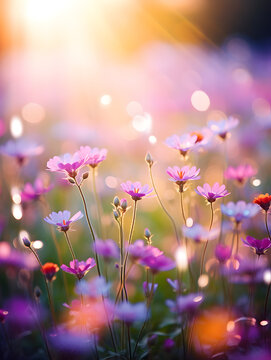 Pink spring flowers on a meadow, blurry sunlight background 