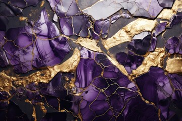  a close up of a piece of art with purple and gold paint and a gold leaf on top of it.