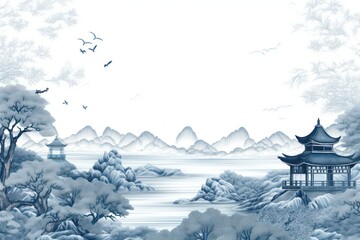  a painting of a snowy landscape with a pagoda in the foreground and birds flying in the sky above it.