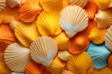  a bunch of seashells that are yellow, orange, blue, and white in a close up view. - obrazy, fototapety, plakaty